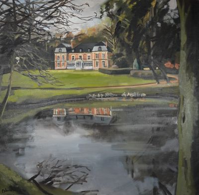 un tableau représentant une maison au milieu d'un lac