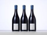 three bottles of red wine are lined up on a table