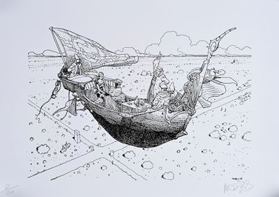 a drawing of a boat with people in it on the water