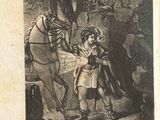 an old picture of a man and a woman riding a horse
