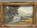 an oil painting of a landscape with a river and trees