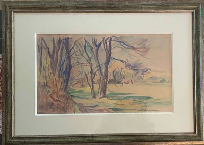 framed watercolor painting of a landscape with trees and a house