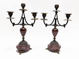paire de candélabres anciens en laiton et marbre rouge