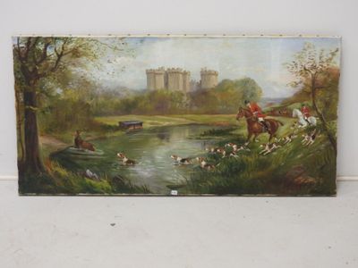 tableau représentant un homme à cheval et un chien dans une rivière