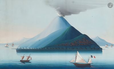 tableau représentant des bateaux sur un plan d'eau, avec une montagne en arrière-plan