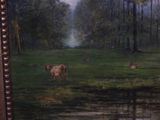 a painting of a cow in a field by the water