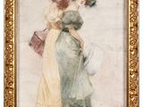 une image représentant un tableau où figurent deux femmes portant des chapeaux et tenant un sac à main