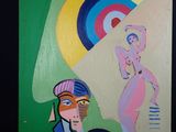 tableau représentant une femme et un homme dans un champ, avec le soleil en arrière-plan