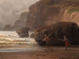 a painting of two people walking on a beach near the ocean