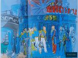 a drawing of a group of people standing outside of a building