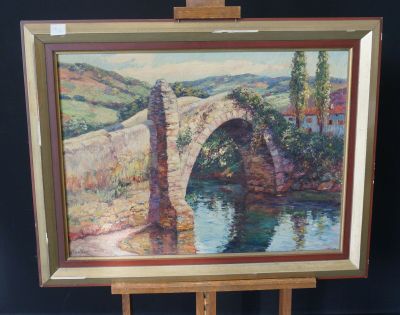an oil painting of a bridge over a river with a bridge in the background