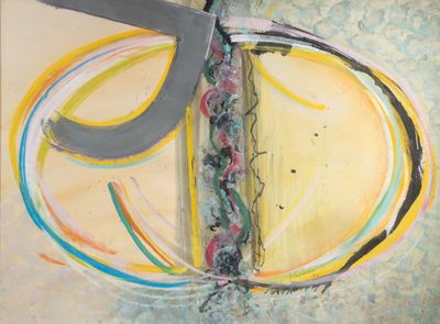 peinture abstraite représentant une grande paire de ciseaux posée sur une feuille de papier