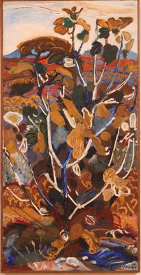 une peinture à l'huile représentant un arbre dans un champ, avec des montagnes en arrière-plan