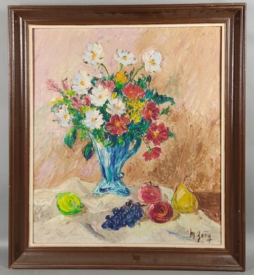 une peinture à l'huile représentant un vase de fleurs et de fruits sur une table