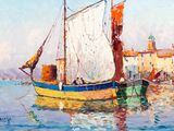 une peinture représentant un bateau sur l'eau, avec un bâtiment en arrière-plan