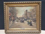 une image d'une peinture représentant une scène de rue avec une voiture à cheval