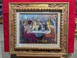 une peinture représentant un groupe de personnes assises à une table