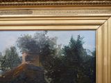 a painting of a man sitting on a bench in a park