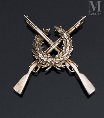 a close up of two crossed rifles on a black background