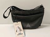 the bag is black and has a tag attached to it