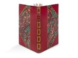 un livre ouvert, avec une couverture rouge et des bordures dorées