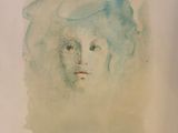painting of a woman ' s face with blue hair on a white background