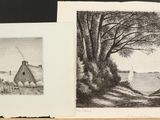 two black and white drawings of a man and a woman in a forest