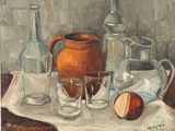 une peinture représentant une nature morte avec un pichet, des verres et une pomme