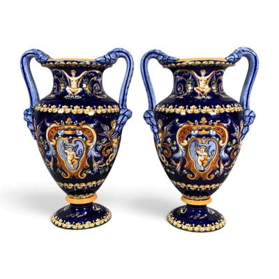 pair of blue and gold vases on a white background