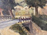 a painting of a bridge over a small river