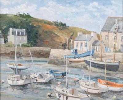 painting of boats in a harbor with houses in the background