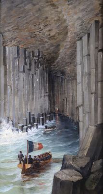 un tableau représentant un bateau sur l'eau, sous un pont