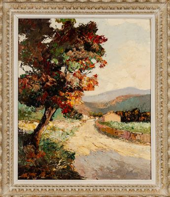 un tableau représentant une route de campagne avec des arbres au premier plan