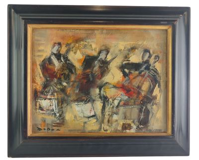 an oil painting of a group of musicians in a black frame