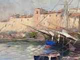 painting of boats in a harbor with a castle in the background