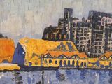 a painting of a boat in the water with buildings in the background
