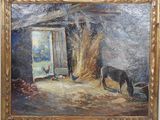 an oil painting of a donkey standing in front of a barn