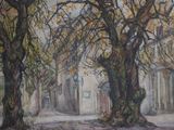 tableau représentant une rue avec des arbres et un bâtiment en arrière-plan