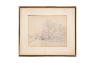 un dessin représentant un paysage avec des arbres et une rivière au premier plan