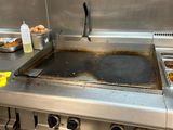 plan de travail en acier inoxydable dans une cuisine professionnelle équipée d'une cuisinière à plaque de cuisson