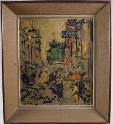 an image of a painting of a street scene with people walking