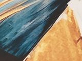 a painting of a boat in the water on the beach