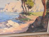 a picture of a painting of a beach with trees