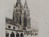 drawing of an old church with a clock tower in the middle of it