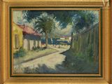 an image of a painting of a country road in a gold frame
