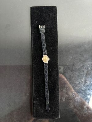 wrist watch in a velvet case on a table with a person taking a picture