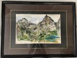tableau représentant un paysage de montagne avec un lac au premier plan et des arbres au premier plan
