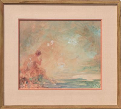 an oil painting of a woman sitting on a rock by the ocean