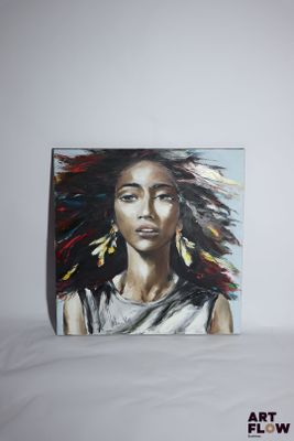 un tableau représentant une femme aux longs cheveux sur un fond blanc