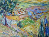 une peinture à l'huile représentant un village situé sur une colline, entouré d'arbres